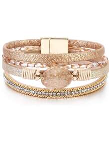 1pc Bohemian Style Rhinestone Weave Multi-Layer Braided Magnetic Closure Leather Bracelet, Suitable For Daily Wear By Women - Bracelet - View 4