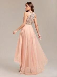 Sequin Contrast Mesh Asymmetric Hem Women's Formal Dress, Gala Dress, Wedding Guest Dress, Graduation Ceremony, Formal Dinner, Party Dress - Rose Gold - View 3