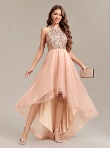 Sequin Contrast Mesh Asymmetric Hem Women's Formal Dress, Gala Dress, Wedding Guest Dress, Graduation Ceremony, Formal Dinner, Party Dress - Rose Gold - View 6