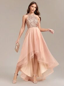 Sequin Contrast Mesh Asymmetric Hem Women's Formal Dress, Gala Dress, Wedding Guest Dress, Graduation Ceremony, Formal Dinner, Party Dress - Rose Gold - View 7