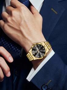 VA VA VOOM Men's Quartz Watch, Fashion Luxury Rhinestone Scale, Dual Calendar Stainless Steel Rivet, Luminous Blue & Golden Casual Business Wrist Watch