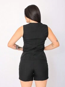 Women's Vest And Shorts Set In Luís Twill Fabric - Black - View 3