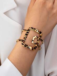 1 Peça Pulseira de Metal Geométrica, Vazada, com Estampa de Onça, Moda Retrô Elegante Combinável para Uso Diário, Feminina - pulseira com estampa de leopardo - Visão 11