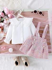 Conjunto de vestido para bebé niña con blusa de unicolor de manga larga con cuello con volantes y falda plateada brillante - Rosa - Ver 3