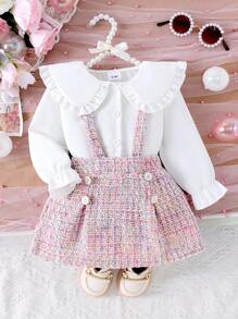 Conjunto de vestido para bebé niña con blusa de unicolor de manga larga con cuello con volantes y falda plateada brillante - Rosa - Ver 1