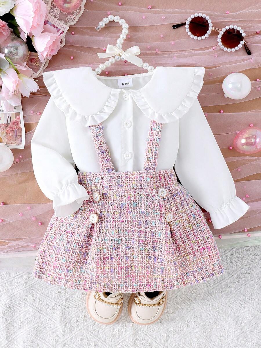 Conjunto de vestido para bebé niña con blusa de unicolor de manga larga con cuello con volantes y falda plateada brillante - Rosa - Ver 1