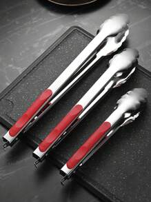 Stainless Steel Fried Food Tongs With Red Handle, Bread Clamp, Barbecue Steak Tongs, Baking Clip For Parties, Home, Restaurant, Outdoor Camping, Grilling