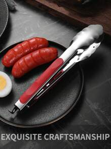 Stainless Steel Fried Food Tongs With Red Handle, Bread Clamp, Barbecue Steak Tongs, Baking Clip For Parties, Home, Restaurant, Outdoor Camping, Grilling