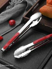 Stainless Steel Fried Food Tongs With Red Handle, Bread Clamp, Barbecue Steak Tongs, Baking Clip For Parties, Home, Restaurant, Outdoor Camping, Grilling