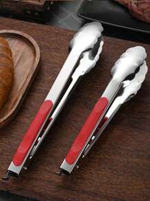 Stainless Steel Fried Food Tongs With Red Handle, Bread Clamp, Barbecue Steak Tongs, Baking Clip For Parties, Home, Restaurant, Outdoor Camping, Grilling