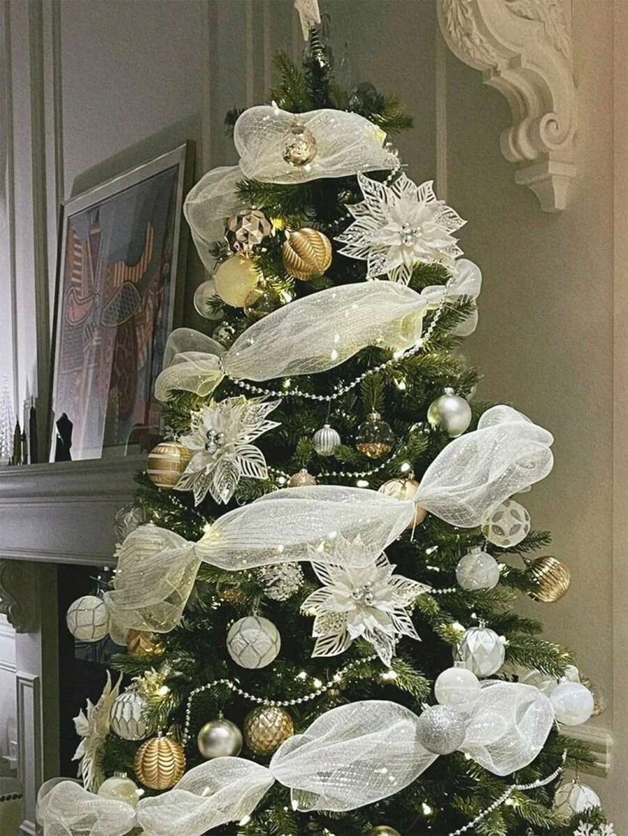 1 Roll, 900cm Christmas Decorative Ribbon, Christmas Party Decor Streamer, DIY Christmas Tree Decoration Ribbon, Tulle Bow Hanging Ornament, Suitable For Christmas Tree Decor, Home Decor, Room Decor, Bedroom Decor, New Year Decor, Christmas Decorations, Holiday Party Decor, Christmas Party Supplies, Christmas Themed Holiday Hanging Decor, Party Favors, Happy New Year, Christmas Gifts, Christmas Decorations, Christmas Event Party Supplies, Gifts For Friends And Family