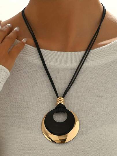 1 pieza Collar colgante de moda para mujer, vintage creativo de círculo hueco multicolor, cadena larga de cordón con colgante geométrico en forma de corazón, versátil para uso diario