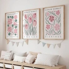 Set Of 3 Flower Market Prints In Dusty Pink, 3 Pieces Floral Wall Art Living Room, Vintage Pink Flowers Botanical Illustration Art Canvas Painting Bedroom Wall Decor, No Frame, Poster Gifts Birthday Graduation - Pink - View 4