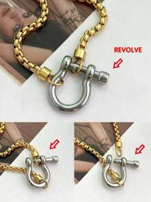 18K Gold Plated Stainless Steel Box Chain Necklace With Dual-Tone Chunky Clasp Pendant, Waterproof Jewelry For Women - Multicolor - View 7