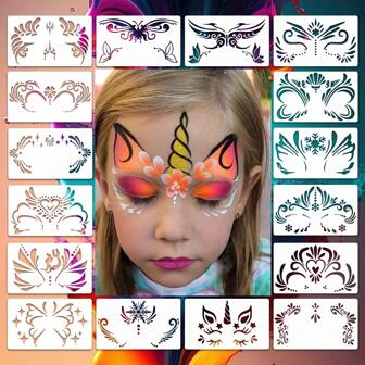 16pcs Reusable, Washable &amp; Flexible Face Painting Templates - Unicorn, Fairy, Halloween, Floral Designs, Suitable For Stage, Party, Costume Ball Makeup