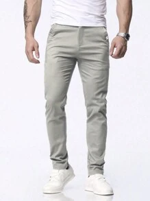 Pantalones casuales simples con bolsillo en diagonal para hombres, otoño - Caqui - Ver 3
