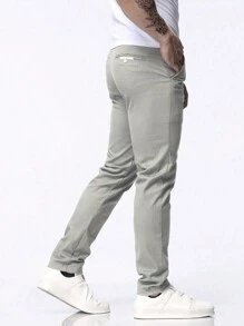 Pantalones casuales simples con bolsillo en diagonal para hombres, otoño - Caqui - Ver 5