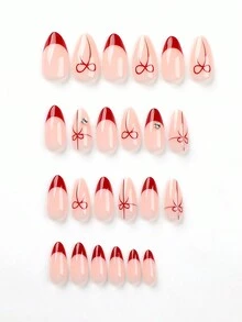 24 件/套中号杏仁形假指甲，采用法式扎染粉色设计，包括 1 件果冻凝胶和 1 件指甲锉，适合派对、舞蹈和日常佩戴，可拆卸和重复使用 - 彩色 - 查看 2