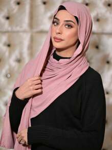 1 件柔软纯色针织头巾、长头巾、佩戴 - 淺粉色 - 查看 2