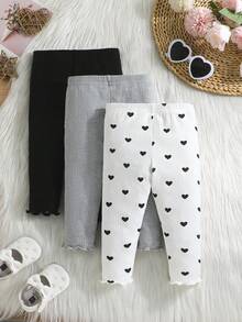 3pcs/Set Baby Girls' Heart Print Ribbed Knit Casual Pants - Multicolor - View 2