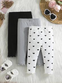 3pcs/Set Baby Girls' Heart Print Ribbed Knit Casual Pants - Multicolor - View 1