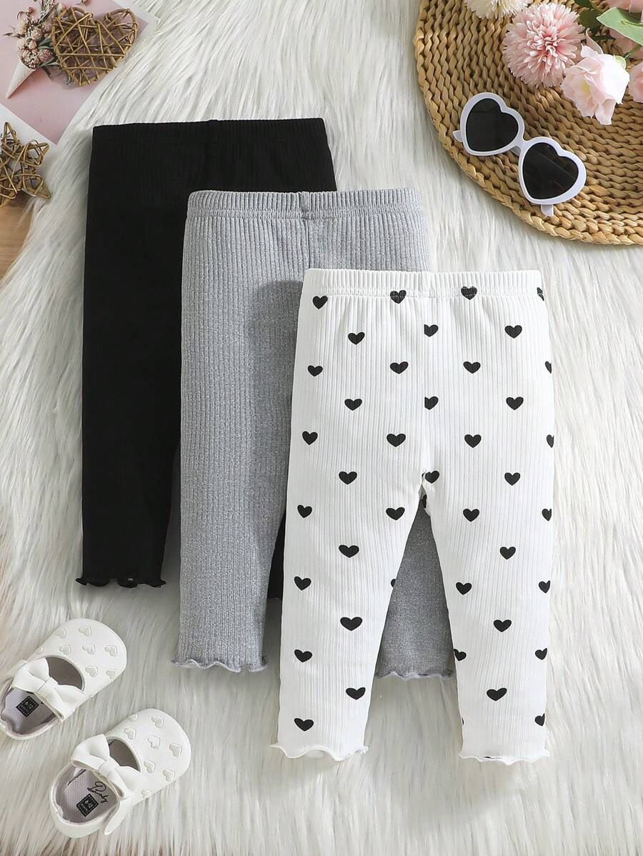 3pcs/Set Baby Girls' Heart Print Ribbed Knit Casual Pants - Multicolor - View 1