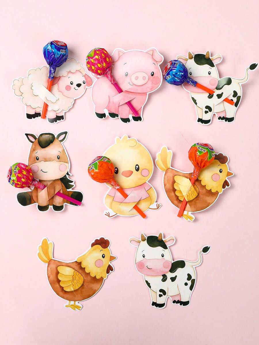 48个农场动物主题棒棒糖托，纸质卡片，适用于生日、婴儿派对、婚礼、派对用品和一般节日装饰