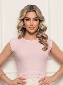 ONLYONE - JAPANESE MODAL SLEEVE CROPPED TOP WITH WAVE DETAIL HEM - SHEIN FIMINAS TOPS KNIT TOPS - Baby Pink - View 5