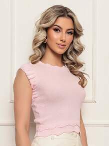 ONLYONE - JAPANESE MODAL SLEEVE CROPPED TOP WITH WAVE DETAIL HEM - SHEIN FIMINAS TOPS KNIT TOPS - Baby Pink - View 1