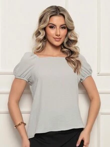 ALETHEIA - WOMEN'S SHORT SLEEVE BLOUSE WITH ELASTIC IN CREPE DUNAS FABRIC - ELEGANT SHEIN BLOUSES - Xám - Xem 4