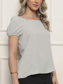 ALETHEIA - WOMEN'S SHORT SLEEVE BLOUSE WITH ELASTIC IN CREPE DUNAS FABRIC - ELEGANT SHEIN BLOUSES - Xám - Xem 3