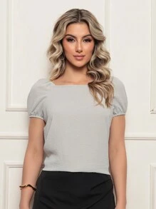 ALETHEIA - WOMEN'S SHORT SLEEVE BLOUSE WITH ELASTIC IN CREPE DUNAS FABRIC - ELEGANT SHEIN BLOUSES - Xám - Xem 1