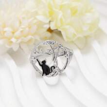 Eleganter Ring mit Schwarzer Katze & Lebensbaum Motiv, tolles Geschenk für Freunde & Familie zu Geburtstag, Weihnachten