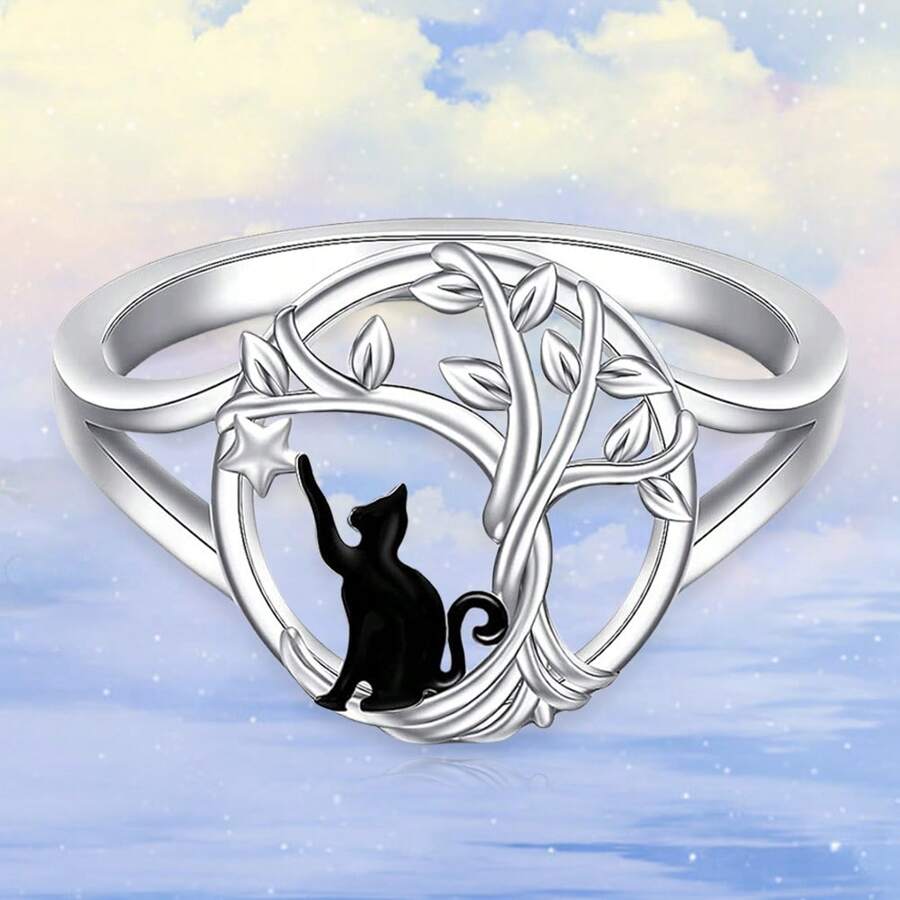 Eleganter Ring mit Schwarzer Katze & Lebensbaum Motiv, tolles Geschenk für Freunde & Familie zu Geburtstag, Weihnachten
