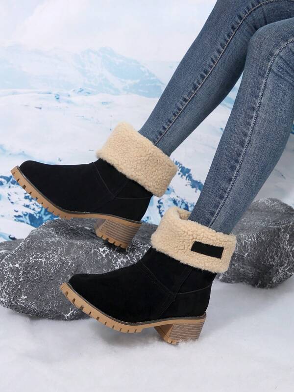 Chunky Heel Women Furry Trim Black Ankle Boots & Short Boots, Slip-On Snow Boots