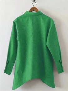 女式休闲纯色不对称下摆长袖衬衫，春秋款