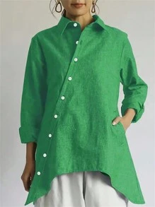 女式休闲纯色不对称下摆长袖衬衫，春秋款