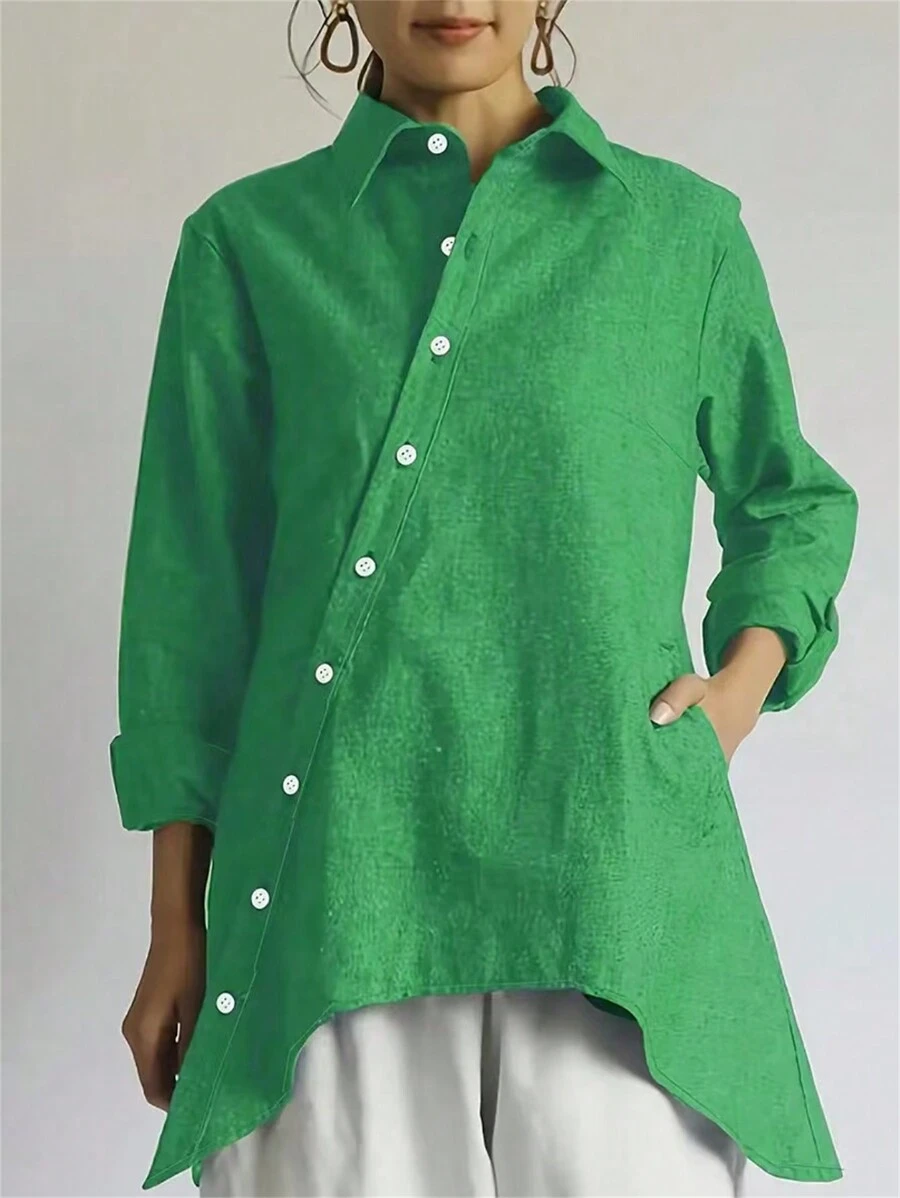 女式休闲纯色不对称下摆长袖衬衫，春秋款
