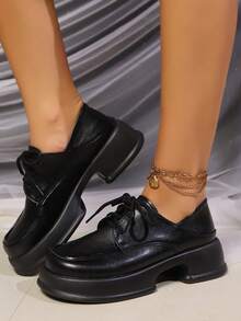 厚底系带 JK 风格女皮鞋，2024 年春秋季黑色乐福鞋学院风英伦风平底鞋 - 黑色 - 查看 2