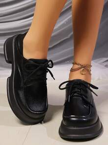 厚底系带 JK 风格女皮鞋，2024 年春秋季黑色乐福鞋学院风英伦风平底鞋 - 黑色 - 查看 1