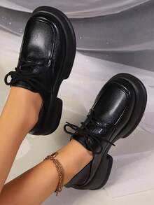 厚底系带 JK 风格女皮鞋，2024 年春秋季黑色乐福鞋学院风英伦风平底鞋 - 黑色 - 查看 3