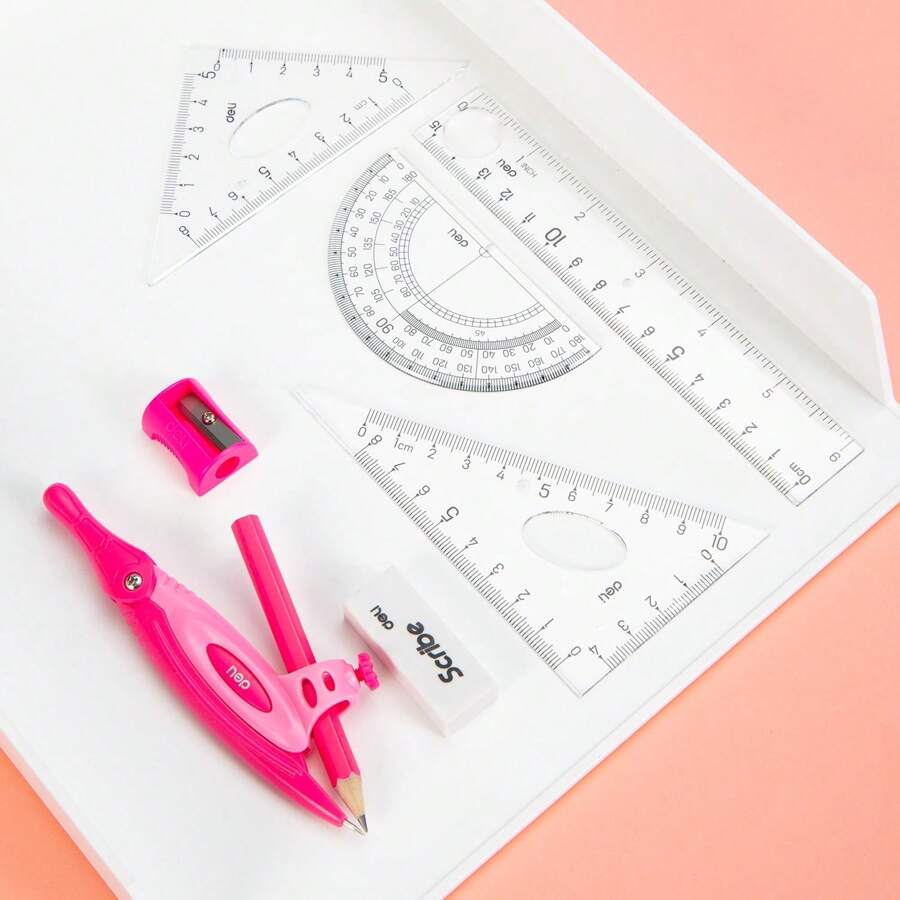 deli Deli 8 Pcs Pink Compass Math Drafting Set, Multiple Function, Four