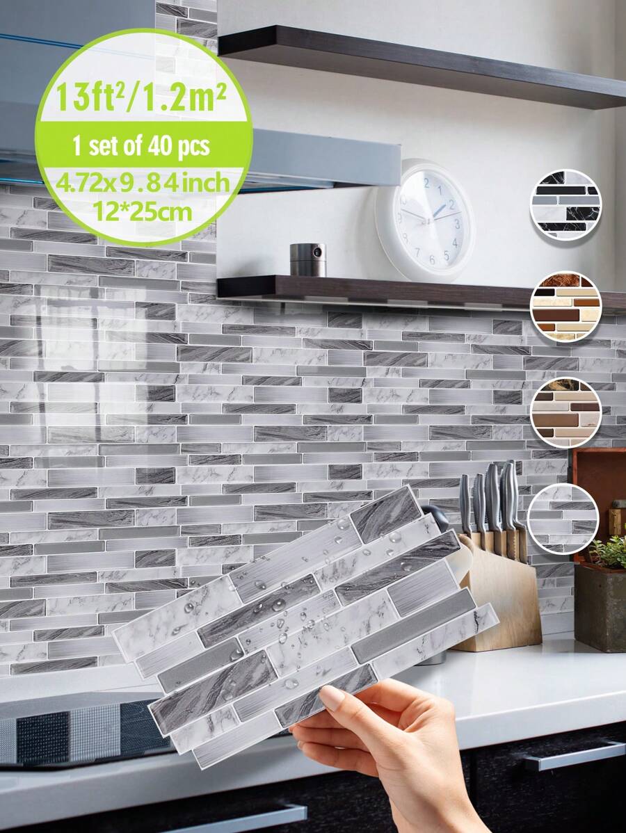 SUPSTICKER 40pcs Marble Pattern Kitchen Backsplash Stickers, Vinyl Self-Adhesive Waterproof Heat-Resistant, 4.72x9.84 Inches, Suitable For Kitchen And Bathroom - Multicolor - View 1