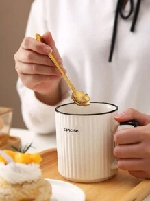 1pc Set Vertical Striped Ceramic Mug, Made Of High Quality Ceramic, Durable, With Spoon, Creative Simple Elegant Design, Milk Cup, Coffee Cup, High-Grade Office Water Cup - White - View 7