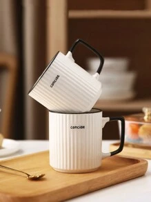1pc Set Vertical Striped Ceramic Mug, Made Of High Quality Ceramic, Durable, With Spoon, Creative Simple Elegant Design, Milk Cup, Coffee Cup, High-Grade Office Water Cup - White - View 4