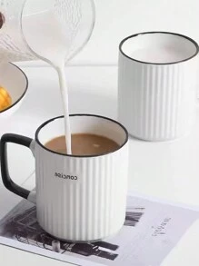 1pc Set Vertical Striped Ceramic Mug, Made Of High Quality Ceramic, Durable, With Spoon, Creative Simple Elegant Design, Milk Cup, Coffee Cup, High-Grade Office Water Cup - White - View 3