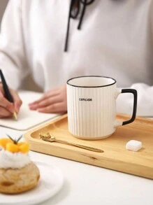 1pc Set Vertical Striped Ceramic Mug, Made Of High Quality Ceramic, Durable, With Spoon, Creative Simple Elegant Design, Milk Cup, Coffee Cup, High-Grade Office Water Cup - White - View 6