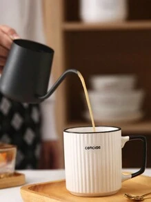 1pc Set Vertical Striped Ceramic Mug, Made Of High Quality Ceramic, Durable, With Spoon, Creative Simple Elegant Design, Milk Cup, Coffee Cup, High-Grade Office Water Cup - White - View 5