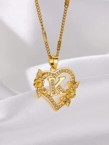 1 Pc Fashion Zirconia Flower Initial Heart Pendant Necklaces For Women Gold Color Stainless Steel Letter Chain Wedding Jewelry Gifts Valentines,Mom,Mother,Mother's Day,Gift