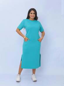 Midi Sweatshirt Dress With Front Pockets - Stylish And Modern | Fashion 2024 - 青碧色 - 查看 5